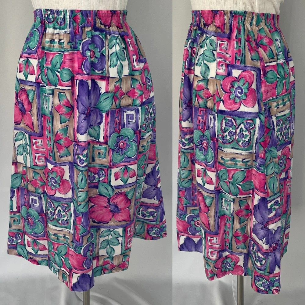 Vintage Midi Skirt Size Medium Pink Purple Floral Boho A Line Pull On Retro 90s